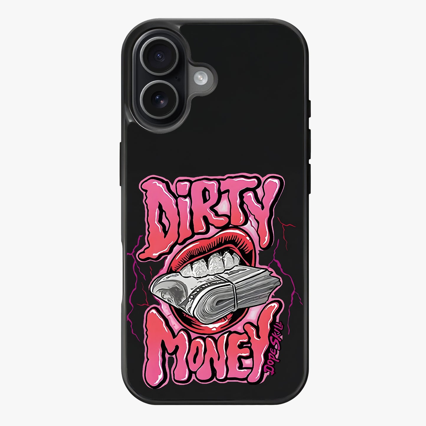 Bold pink text reading 'Dirty Money' with a mouth holding money and lightning bolts.
