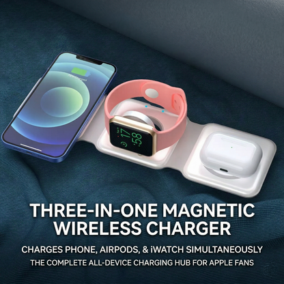 Three-in-one magnetic wireless charger with phone, watch, and earbuds on a dark blue background
