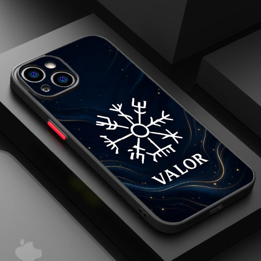 Vegvisir symbol on dark background, accompanied by the word 'VALOR'.