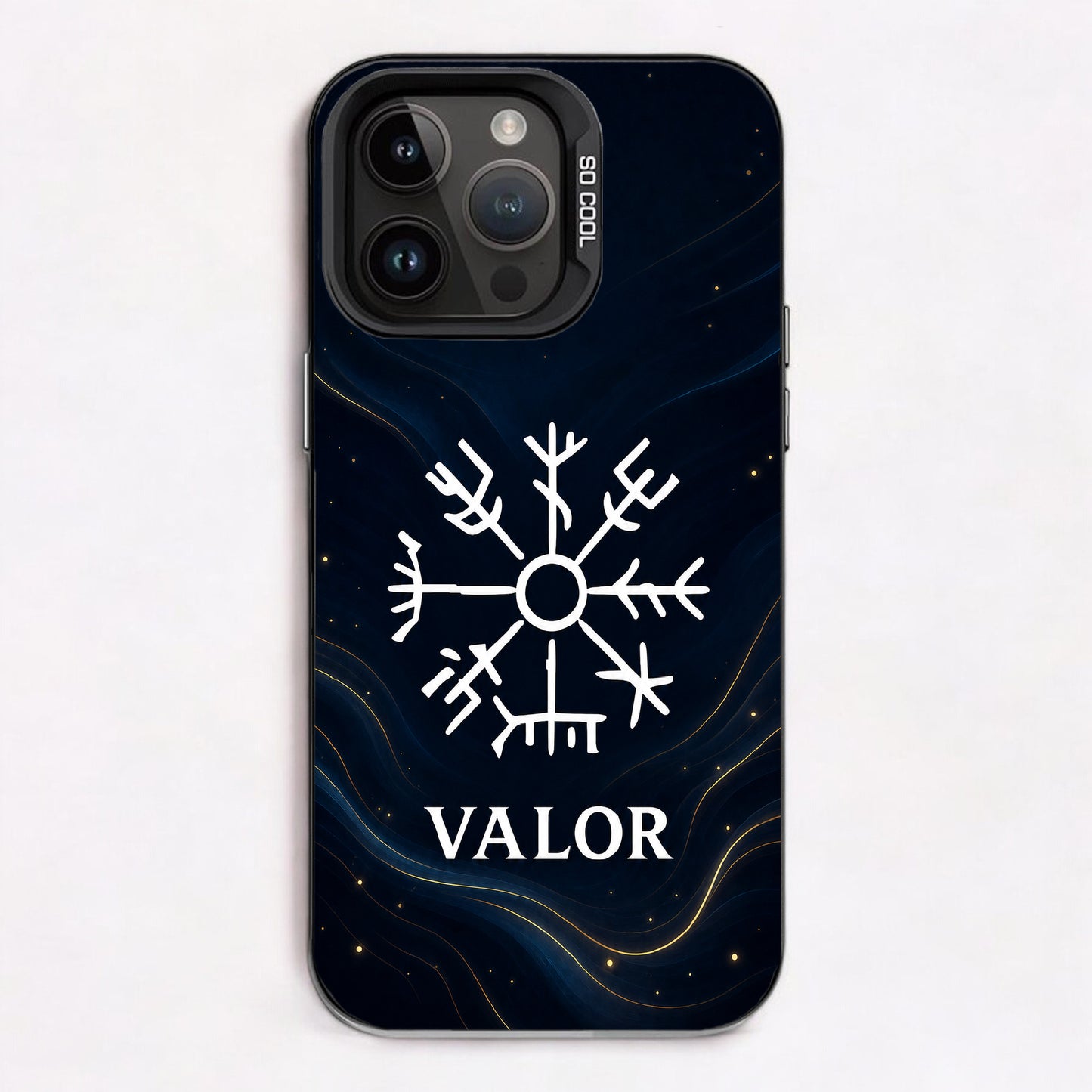 Vegvisir symbol on dark background, accompanied by the word 'VALOR'.