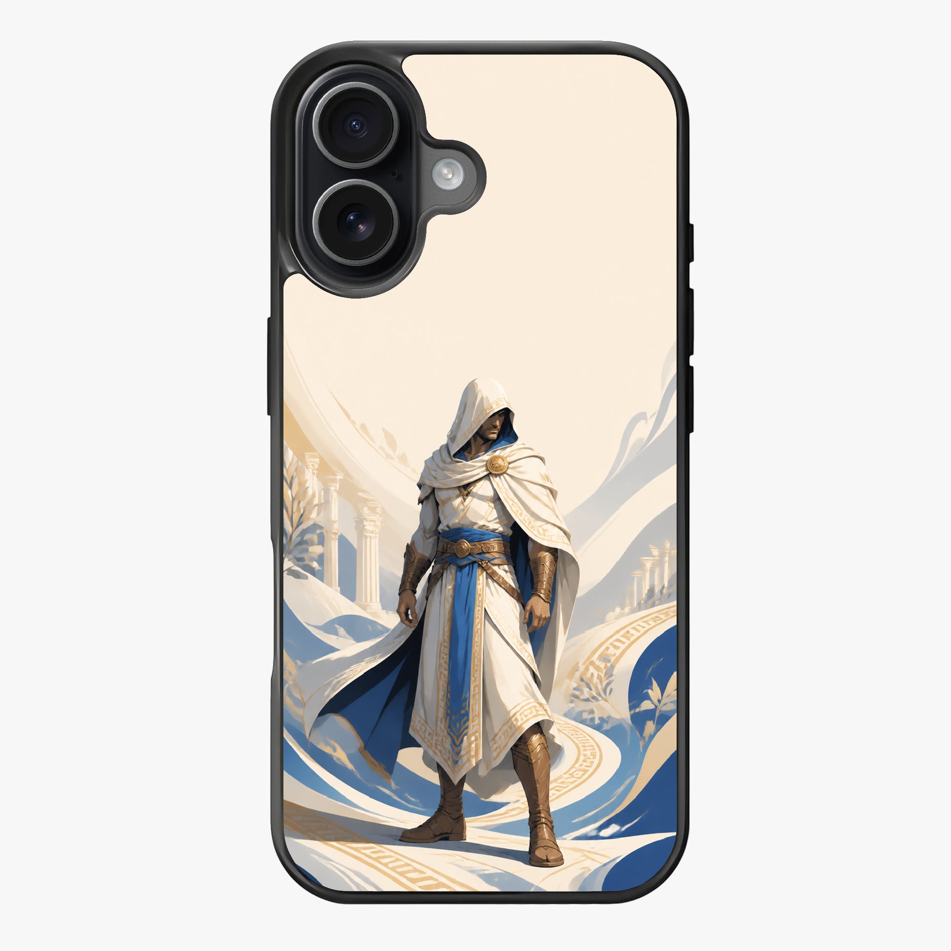A hooded figure in traditional assassin attire stands against an Aegean backdrop, evoking a sense of mystery and ancient beauty.