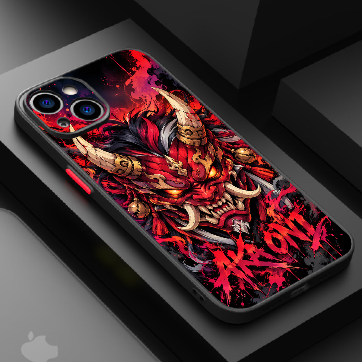 Fierce red demon mask with glowing eyes and horns, set against a fiery background.
