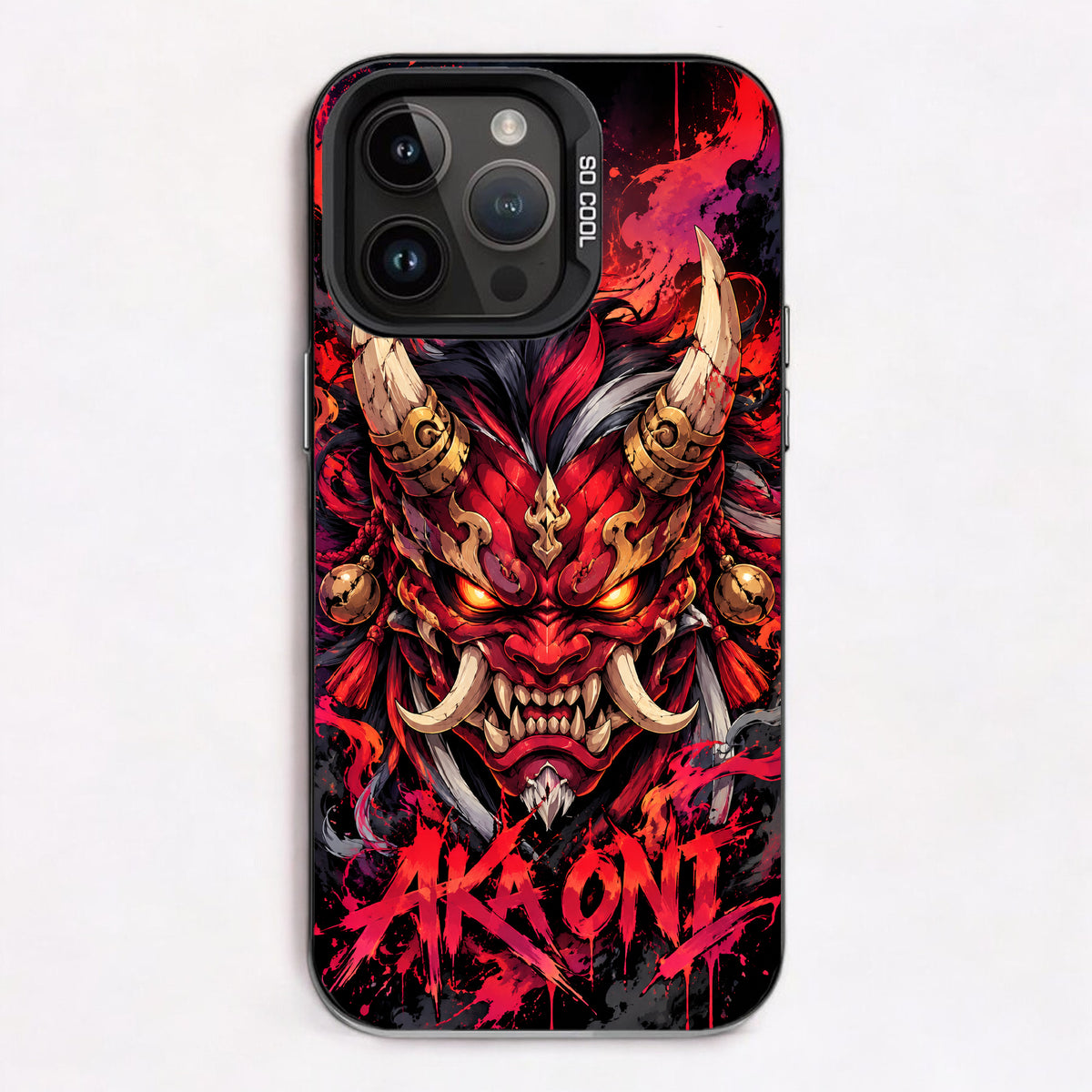 Fierce red demon mask with glowing eyes and horns, set against a fiery background.