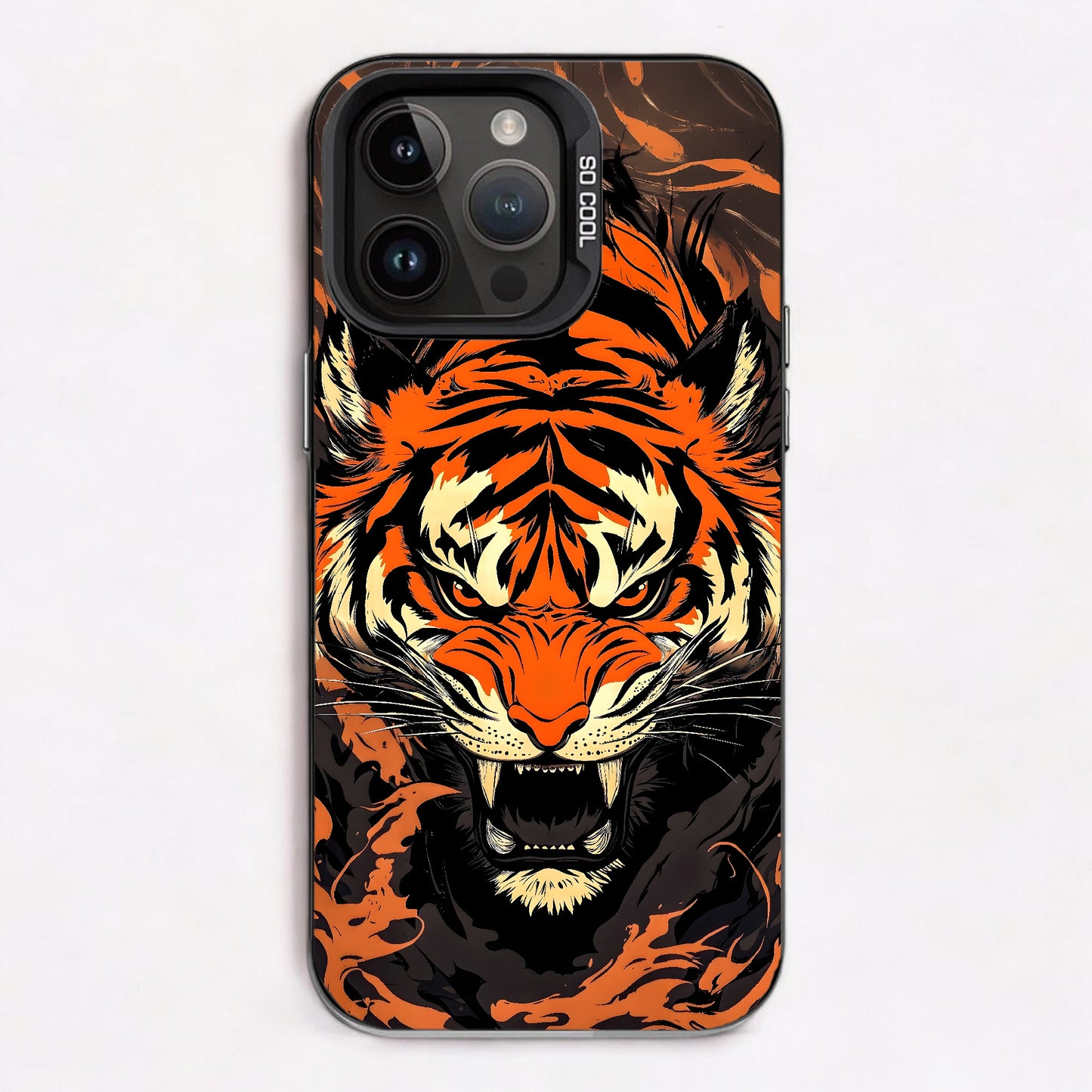 Fierce tiger with vibrant orange and black stripes against dramatic background.