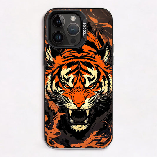 Fierce tiger with vibrant orange and black stripes against dramatic background.