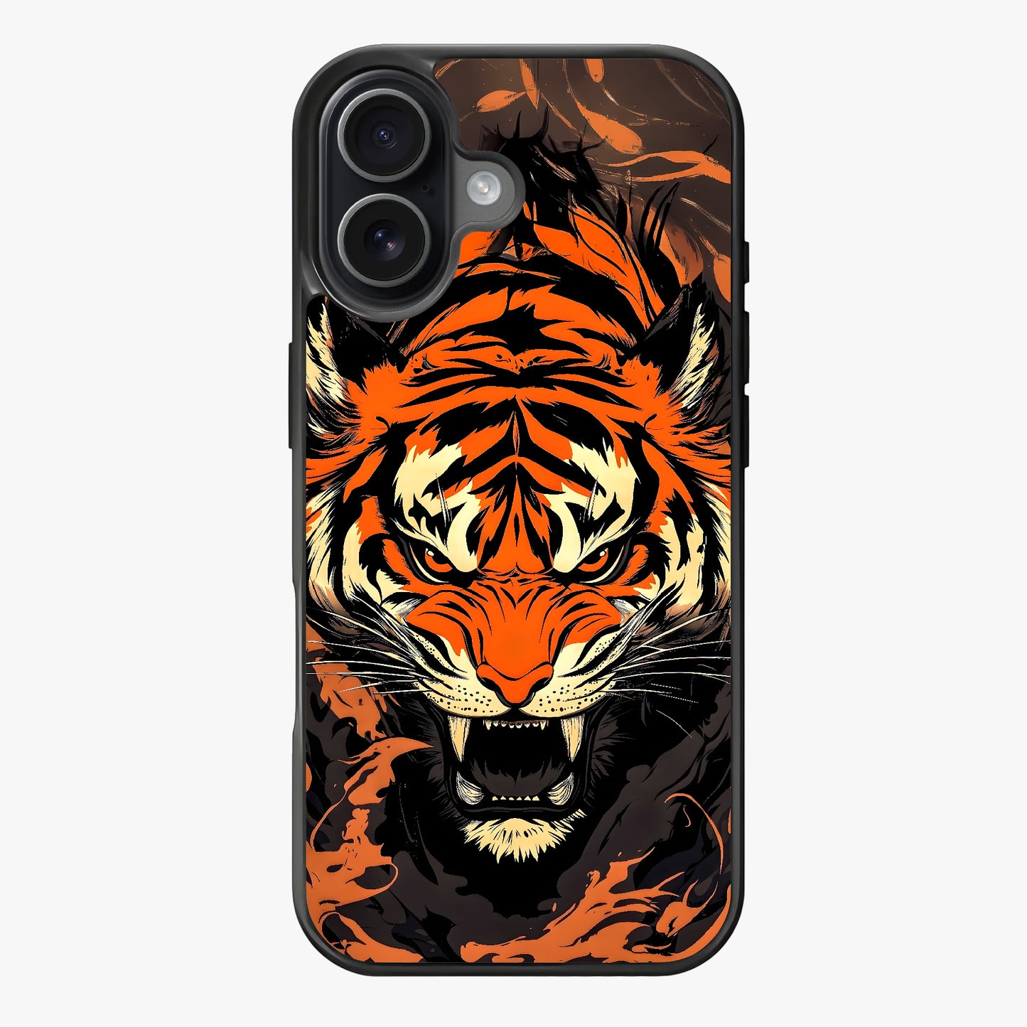 Fierce tiger with vibrant orange and black stripes against dramatic background.