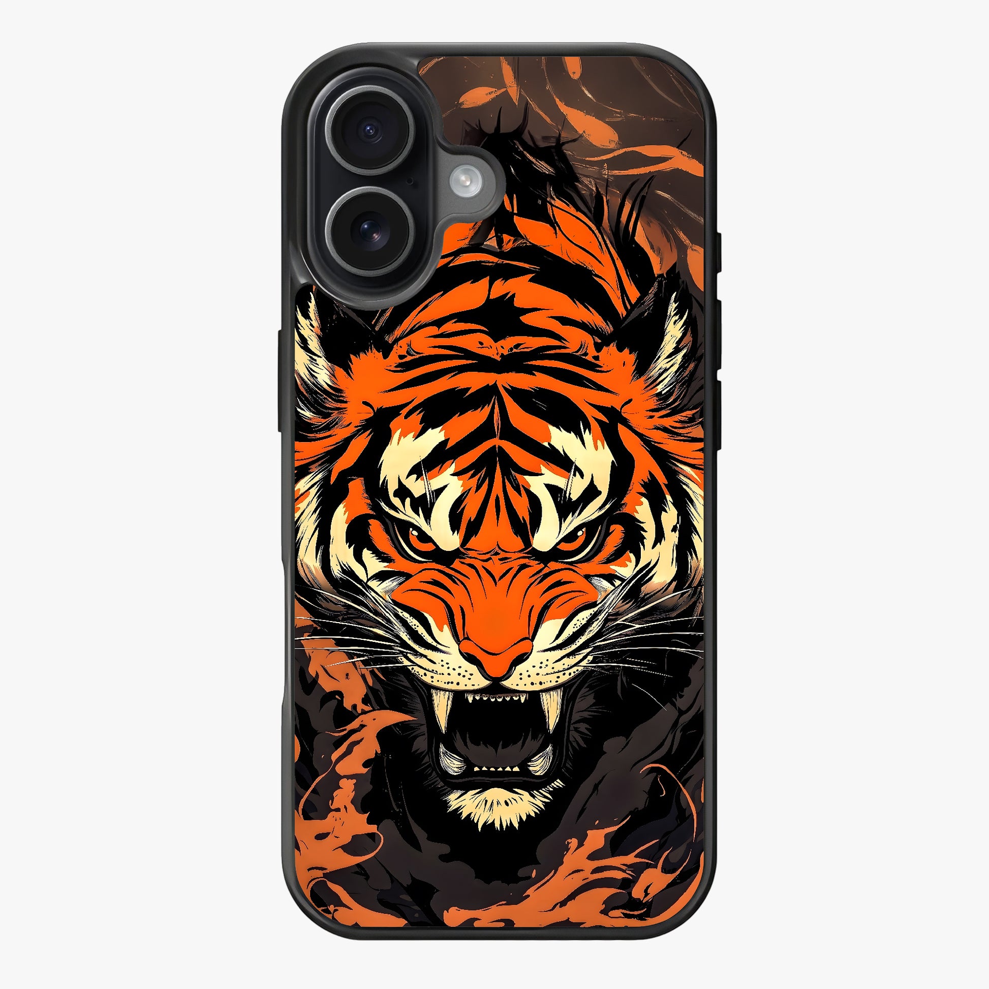 Fierce tiger with vibrant orange and black stripes against dramatic background.