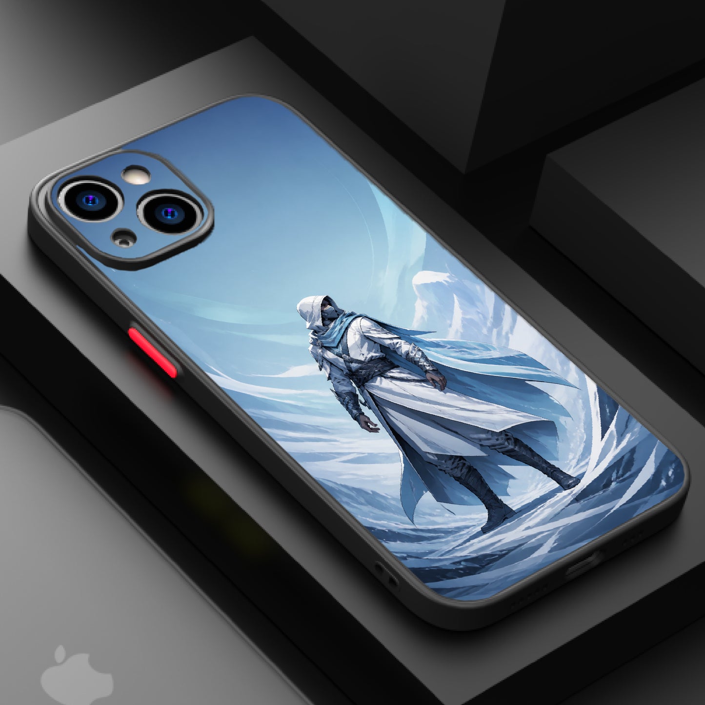 A hooded figure in armor stands against an icy blue backdrop, symbolizing mystery and adventure in the Arctic.