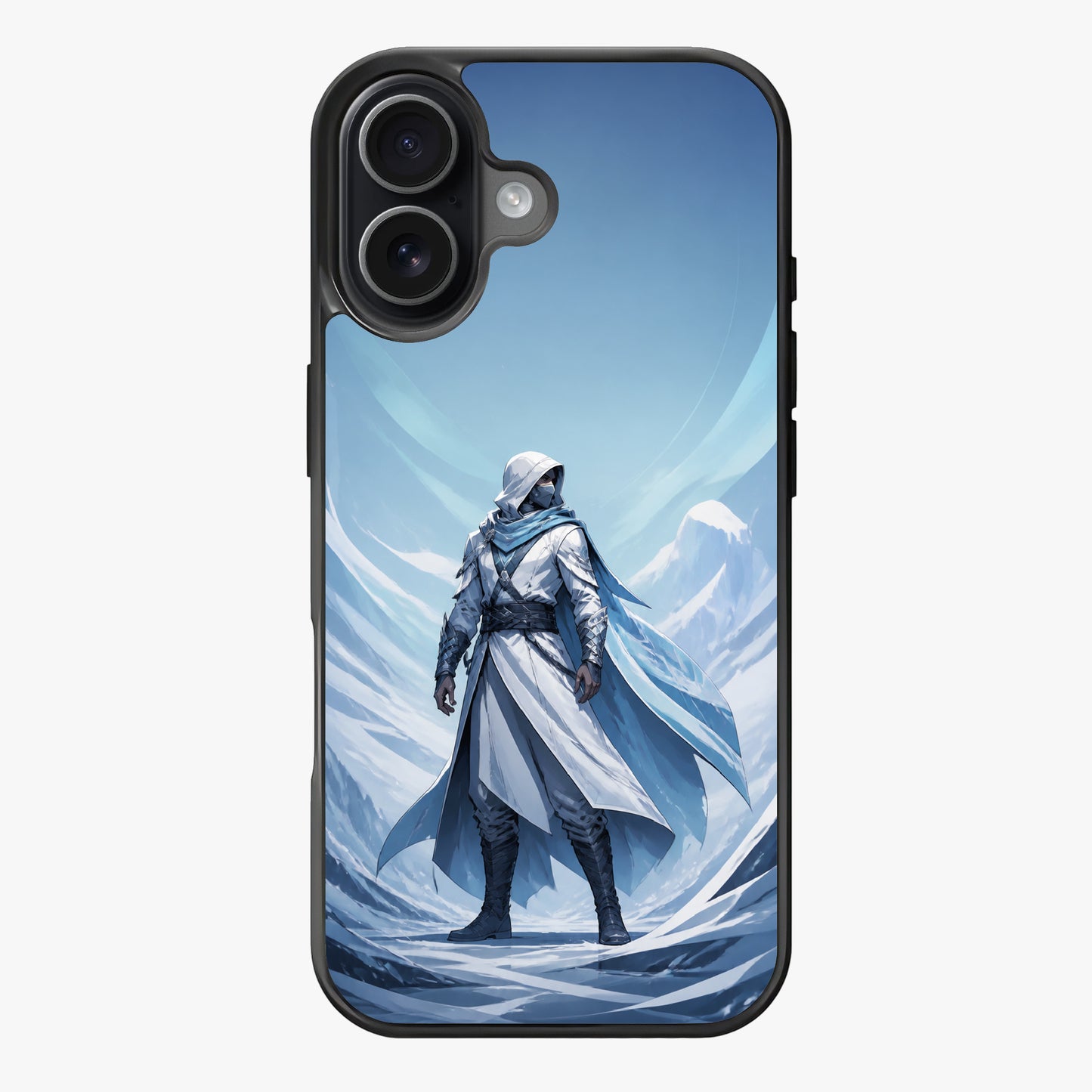 A hooded figure in armor stands against an icy blue backdrop, symbolizing mystery and adventure in the Arctic.