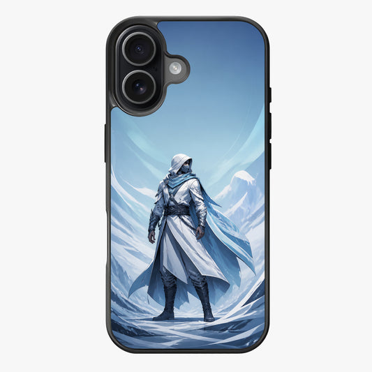 A hooded figure in armor stands against an icy blue backdrop, symbolizing mystery and adventure in the Arctic.