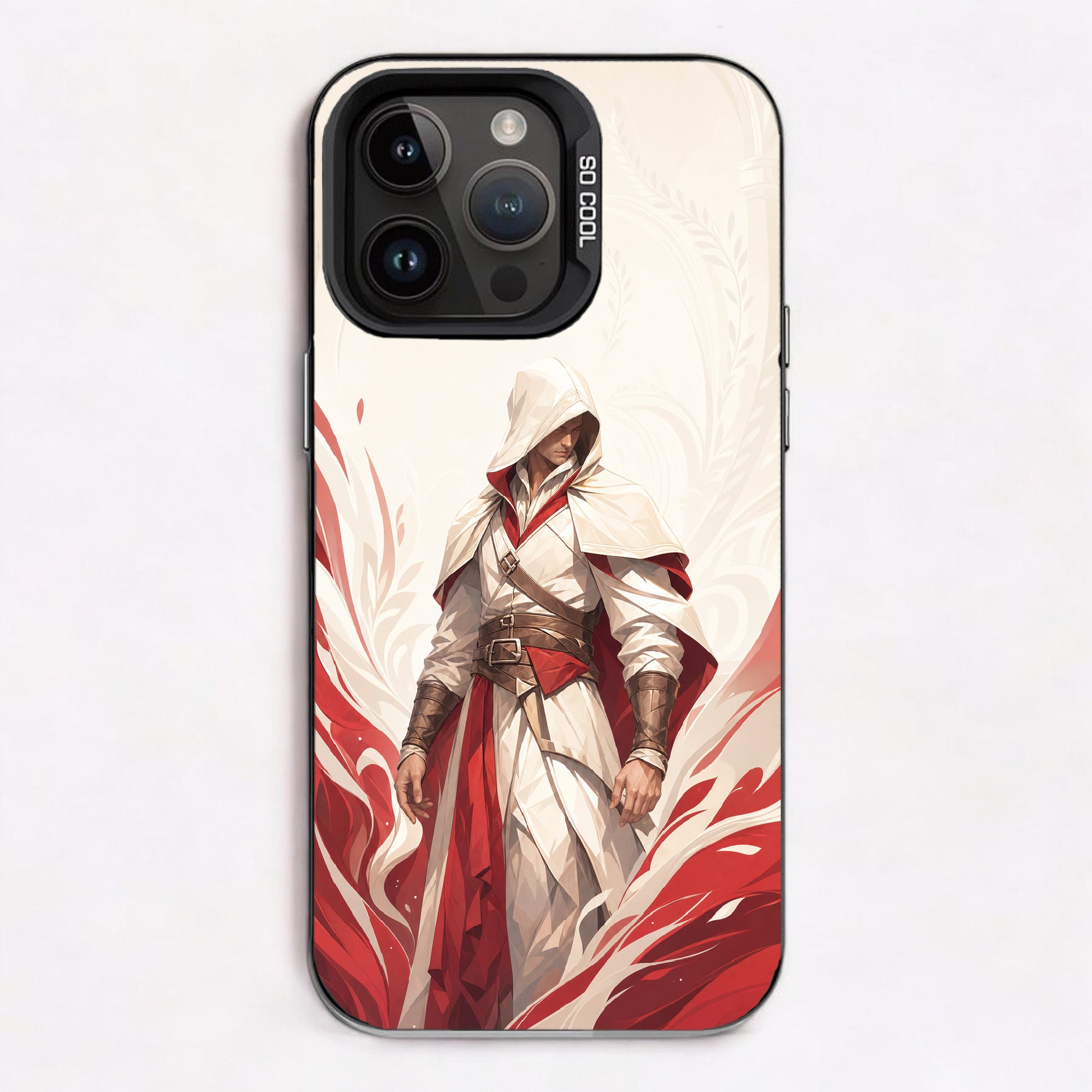 A hooded figure in traditional assassin attire stands against an ornate background with swirling red patterns.