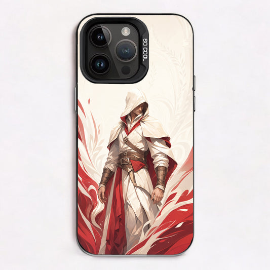 A hooded figure in traditional assassin attire stands against an ornate background with swirling red patterns.