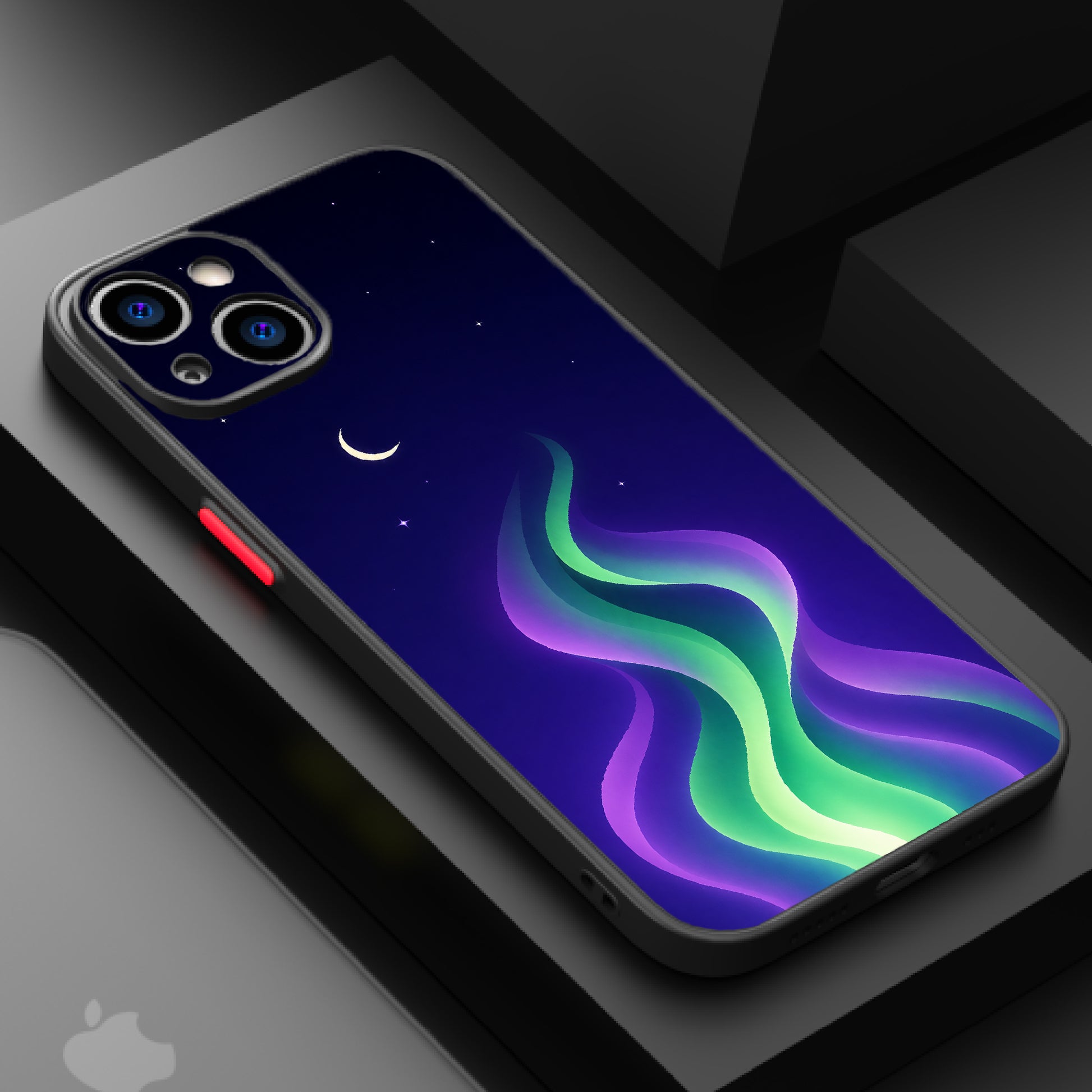 A crescent moon above a starry night sky with swirling purple and green waves.