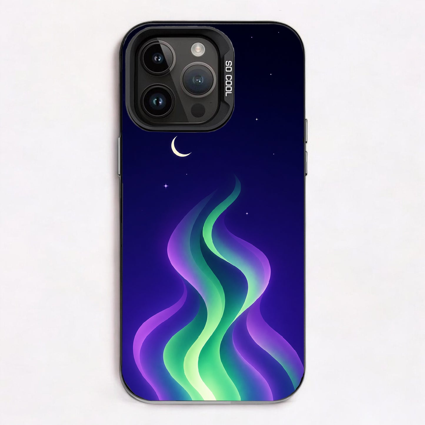 A crescent moon above a starry night sky with swirling purple and green waves.