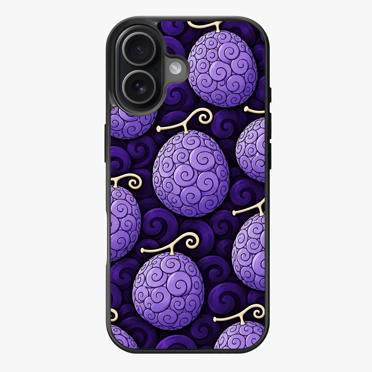Awa Awa: a whimsical pattern of swirling purple fruits with golden stems.
