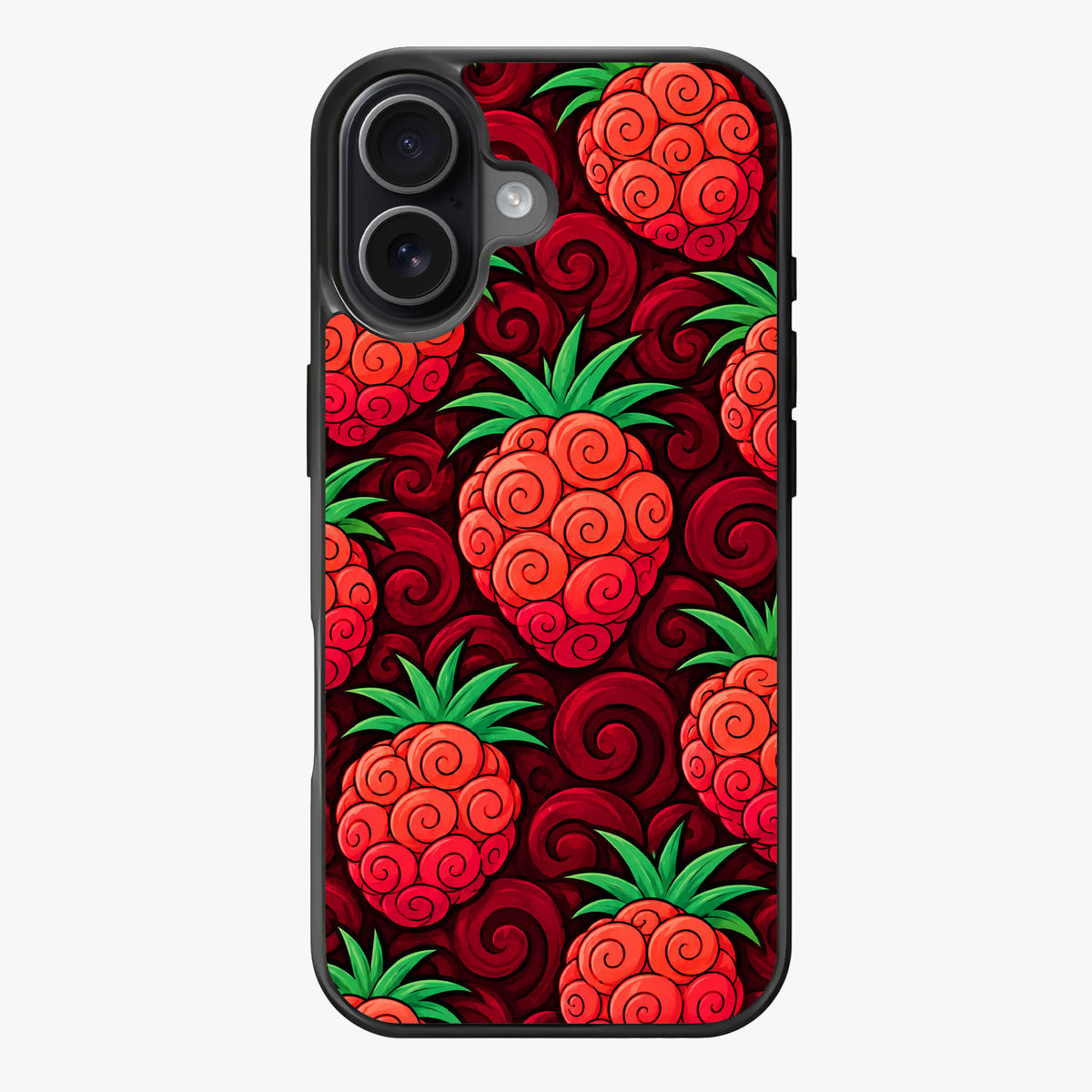Repeating pattern of red pineapples with green leaves and swirling designs.