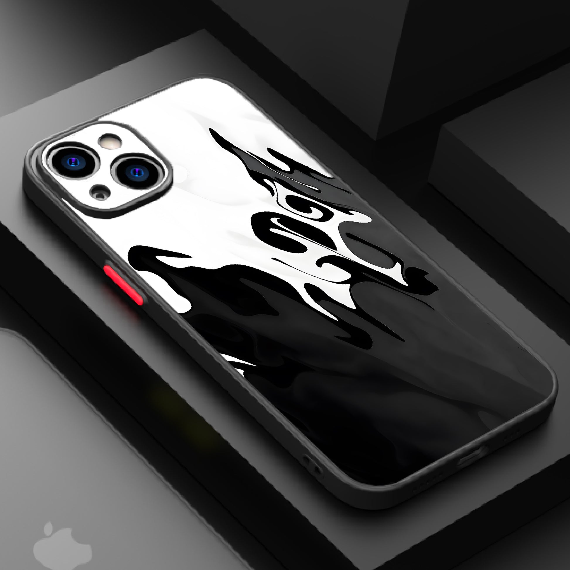 Abstract black flame design against a white background, representing intensity and movement.