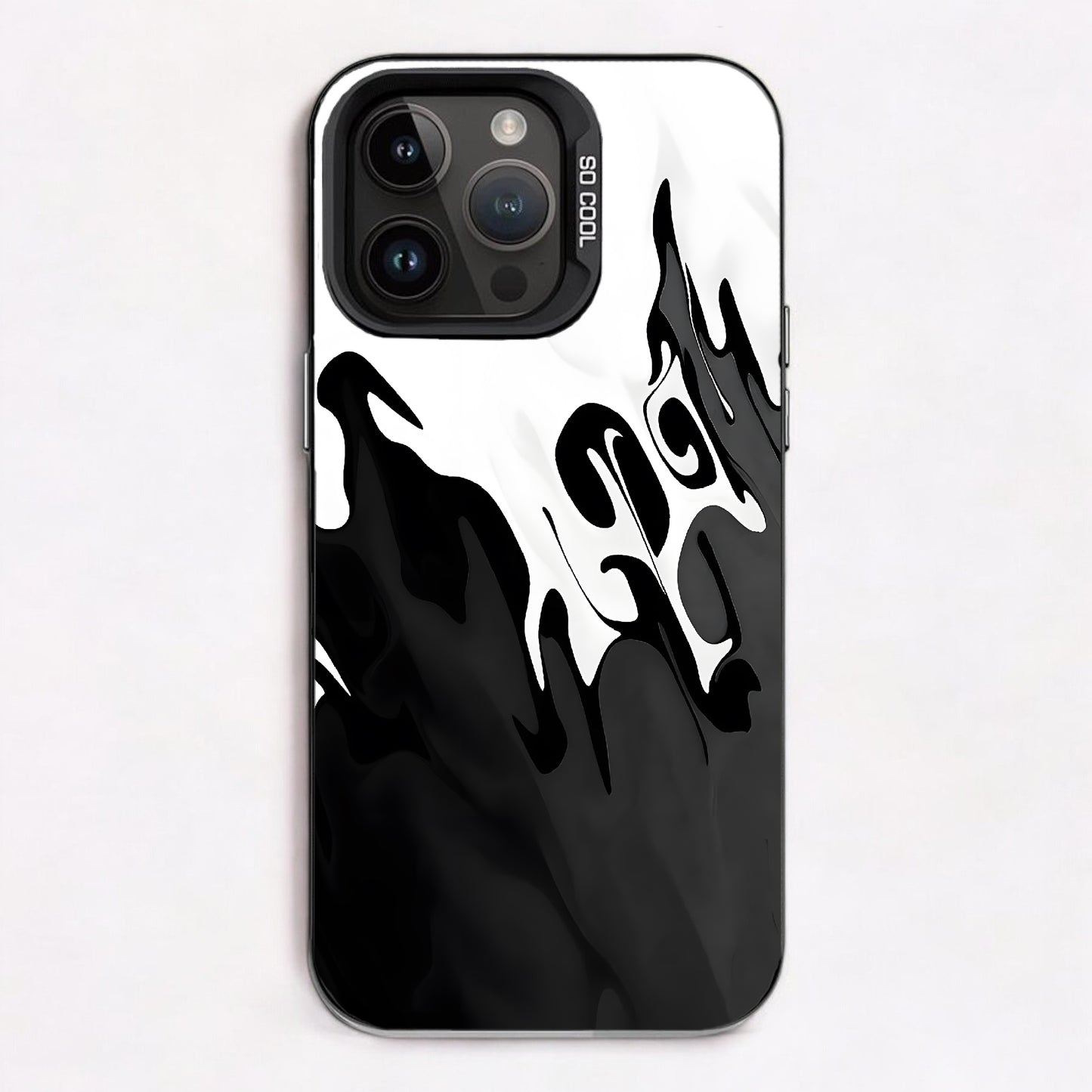 Abstract black flame design against a white background, representing intensity and movement.