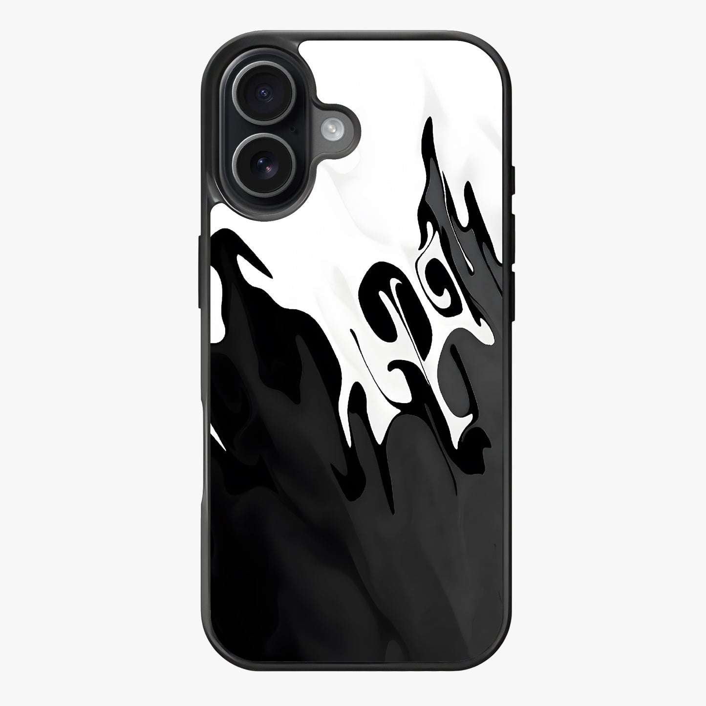 Abstract black flame design against a white background, representing intensity and movement.