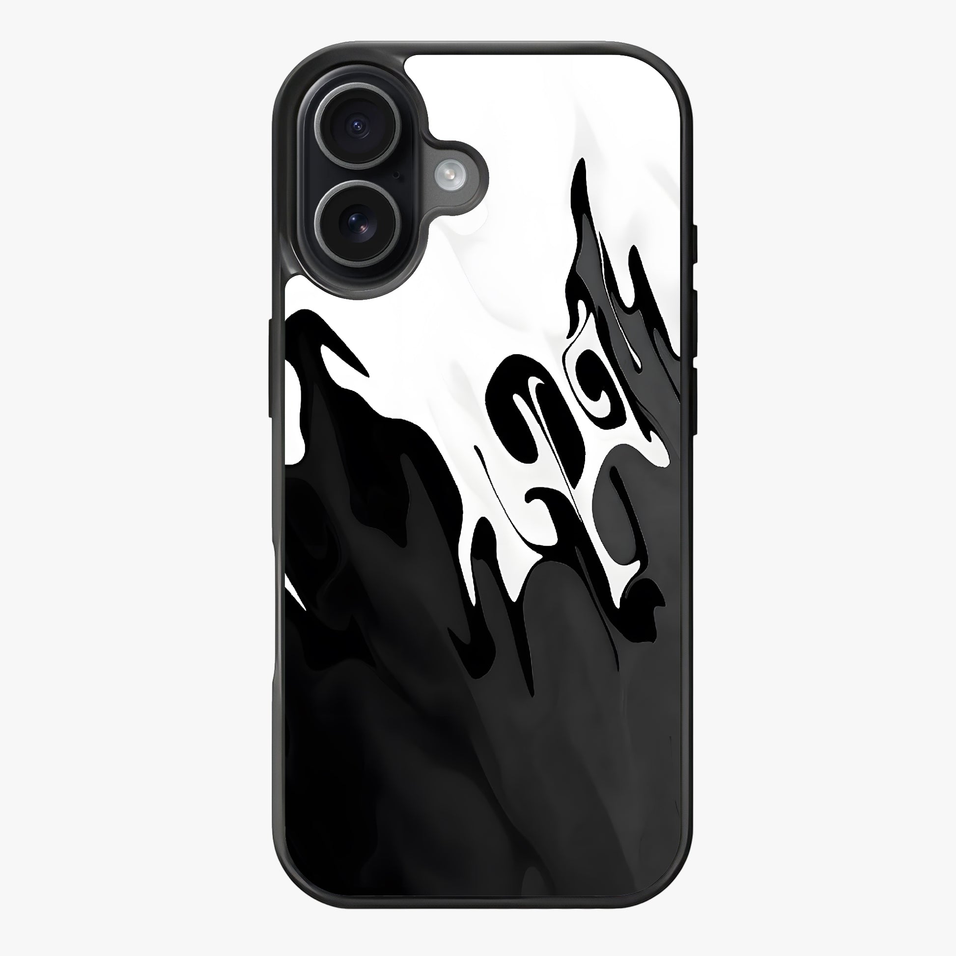 Abstract black flame design against a white background, representing intensity and movement.