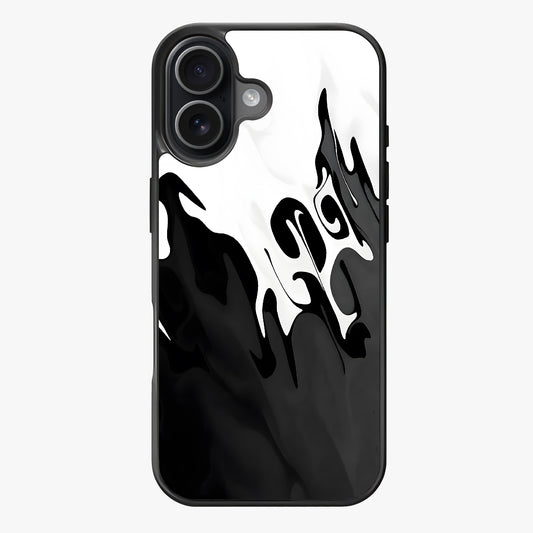 Abstract black flame design against a white background, representing intensity and movement.