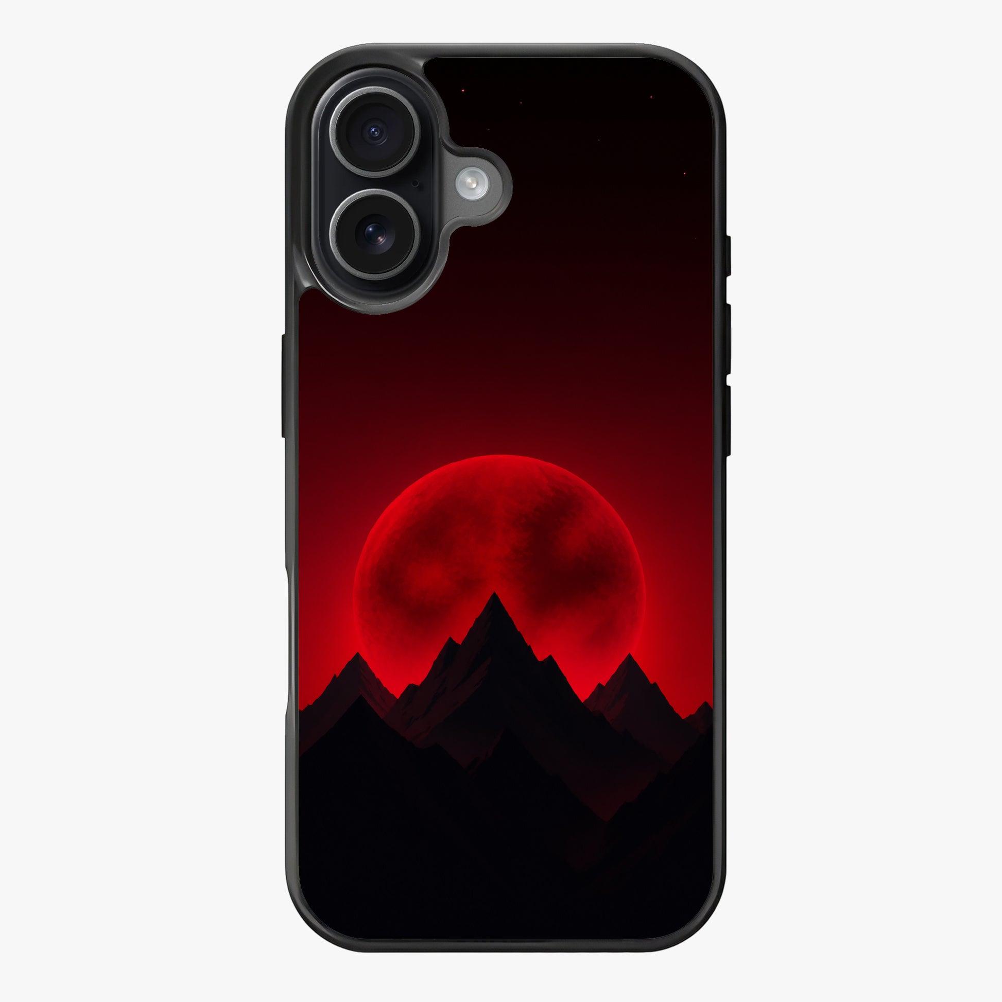 Silhouetted mountain peaks with a glowing red moon in the background, scattered stars above, dark tones overall.