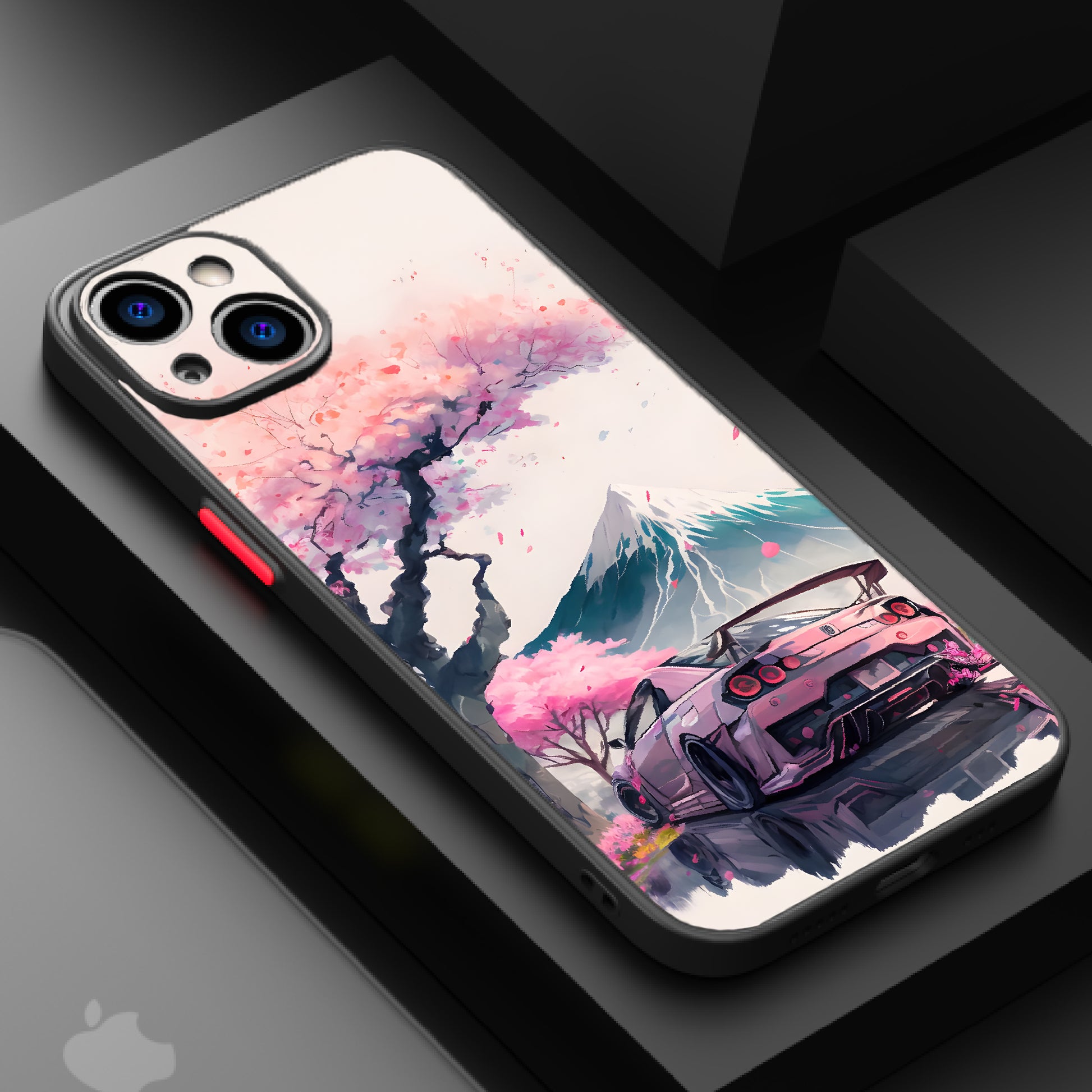 A digital artwork showing a cherry blossom tree, Mount Fuji, and a sports car with a pink and purple color scheme.
