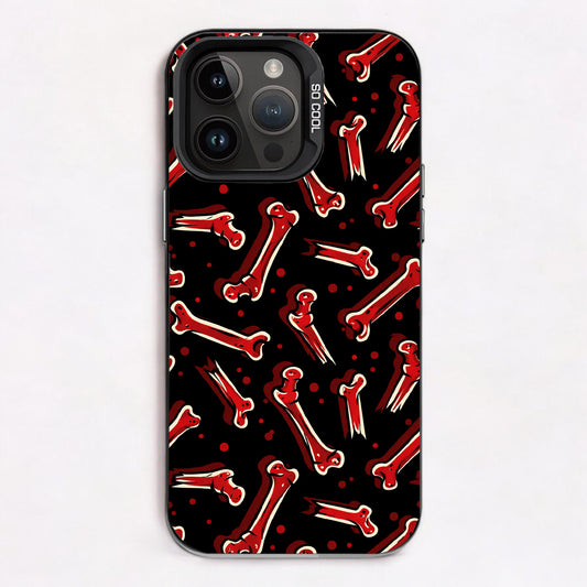 Red bones and small red dots on a black background, creating a spooky pattern.