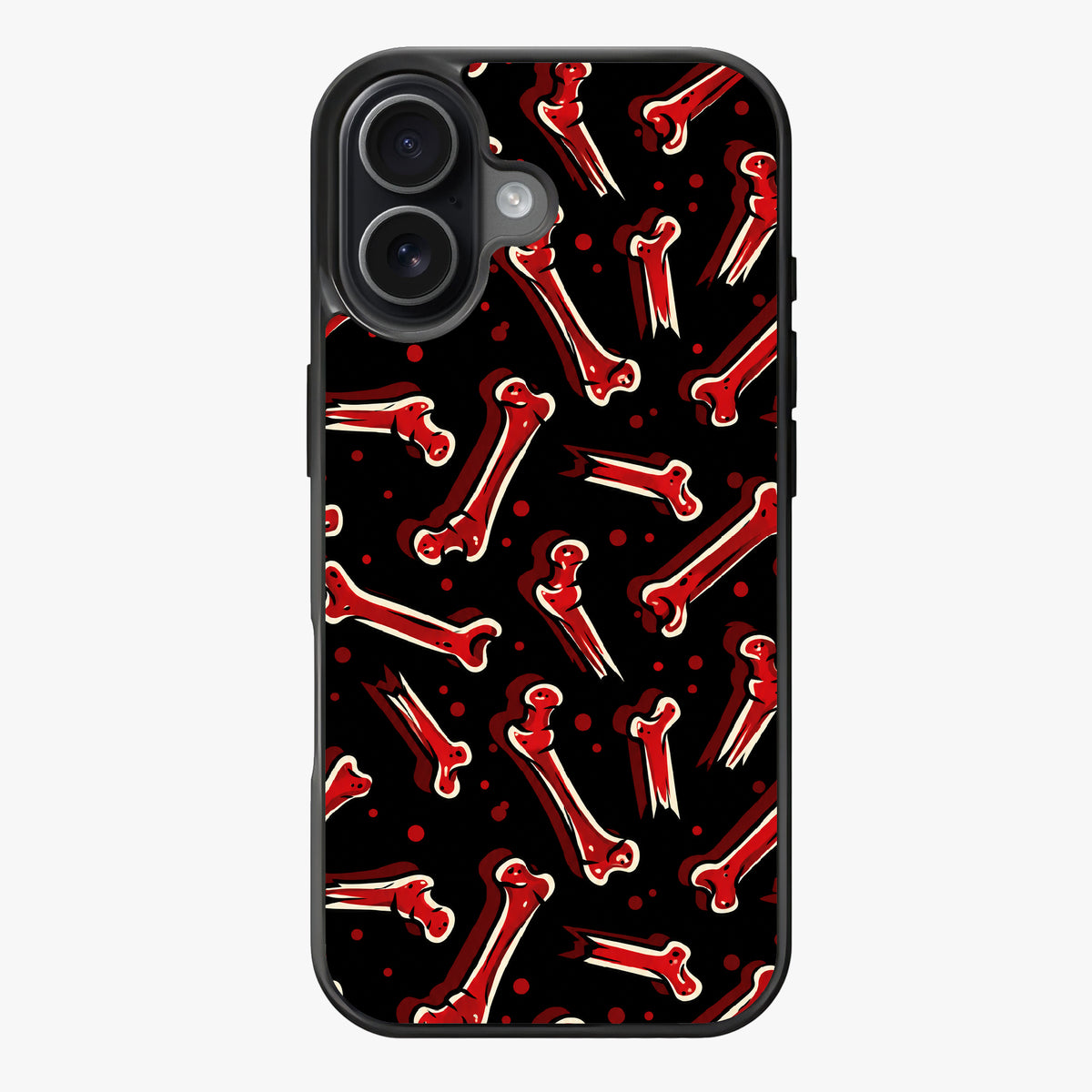 Red bones and small red dots on a black background, creating a spooky pattern.