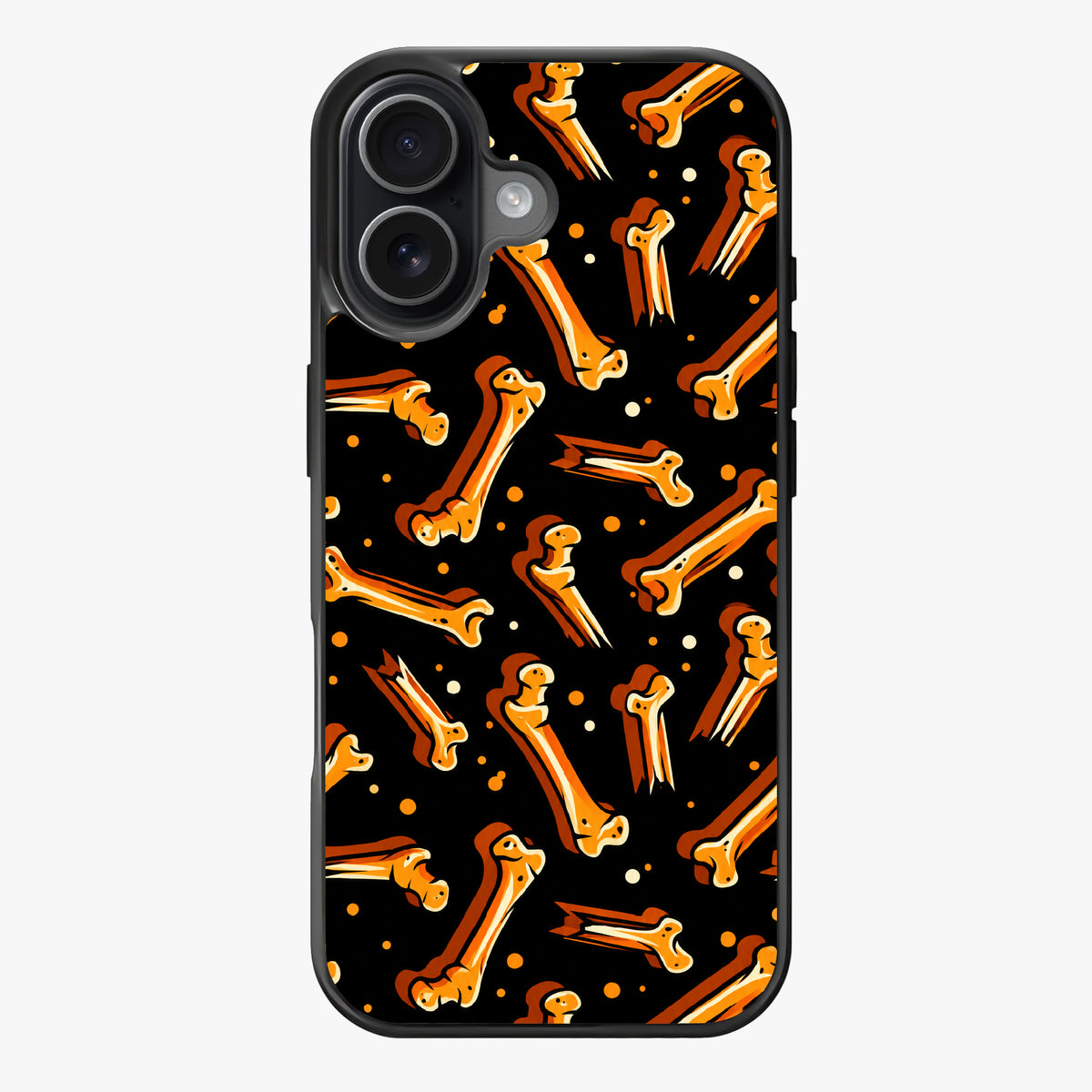 Repeating pattern of stylized orange and white bones on a black background.