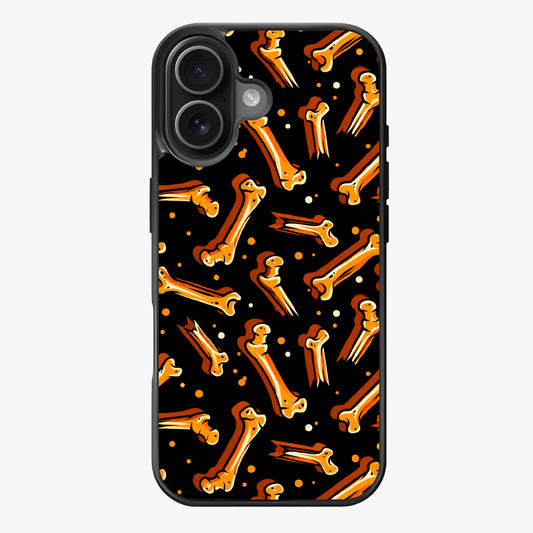 Repeating pattern of stylized orange and white bones on a black background.