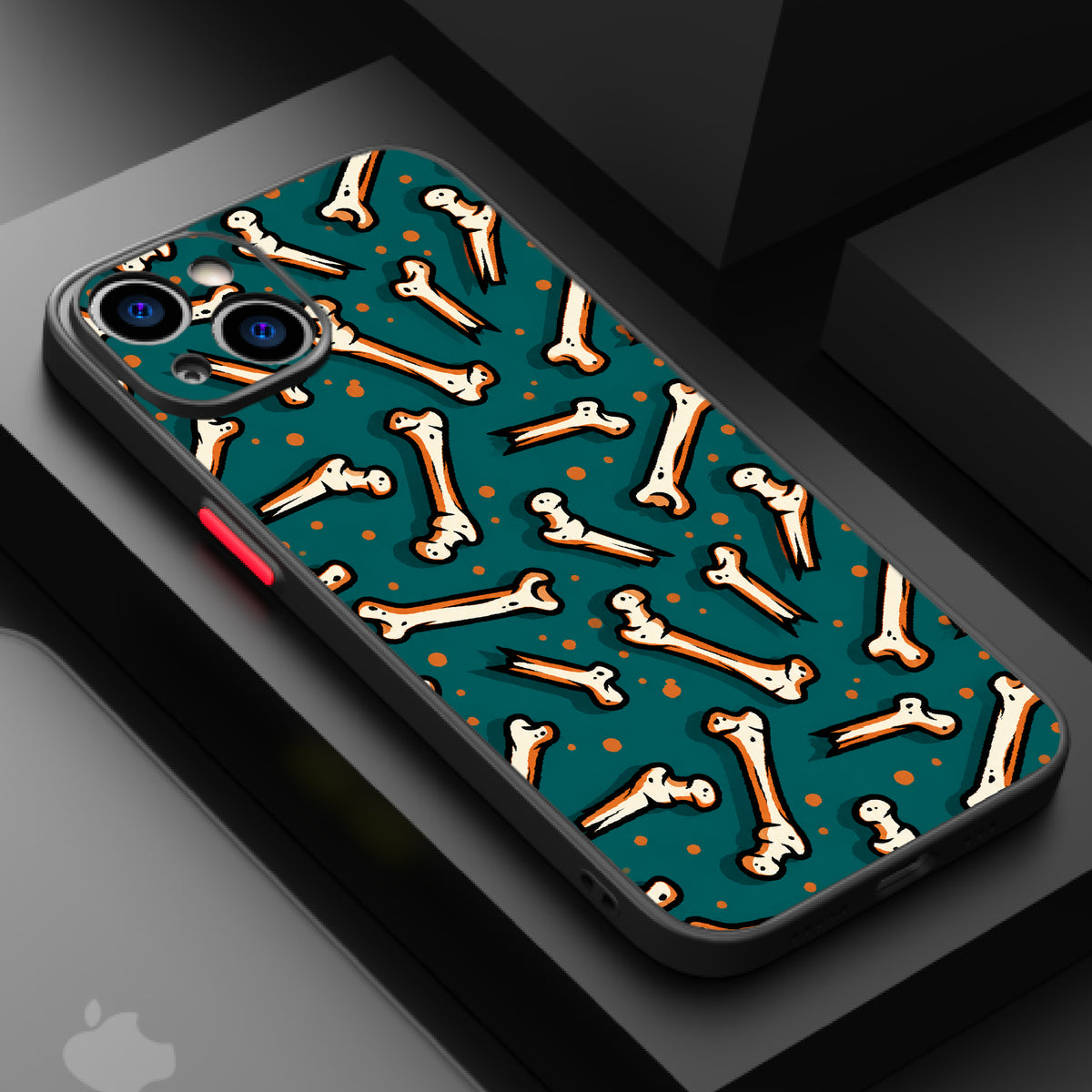 Cartoon bones on a teal background with orange polka dots, creating a playful and spooky design.