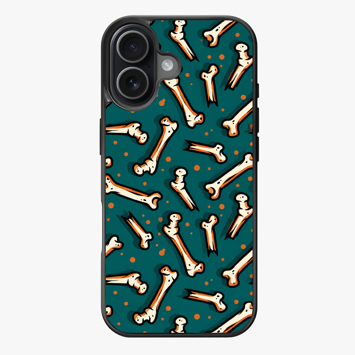 Cartoon bones on a teal background with orange polka dots, creating a playful and spooky design.