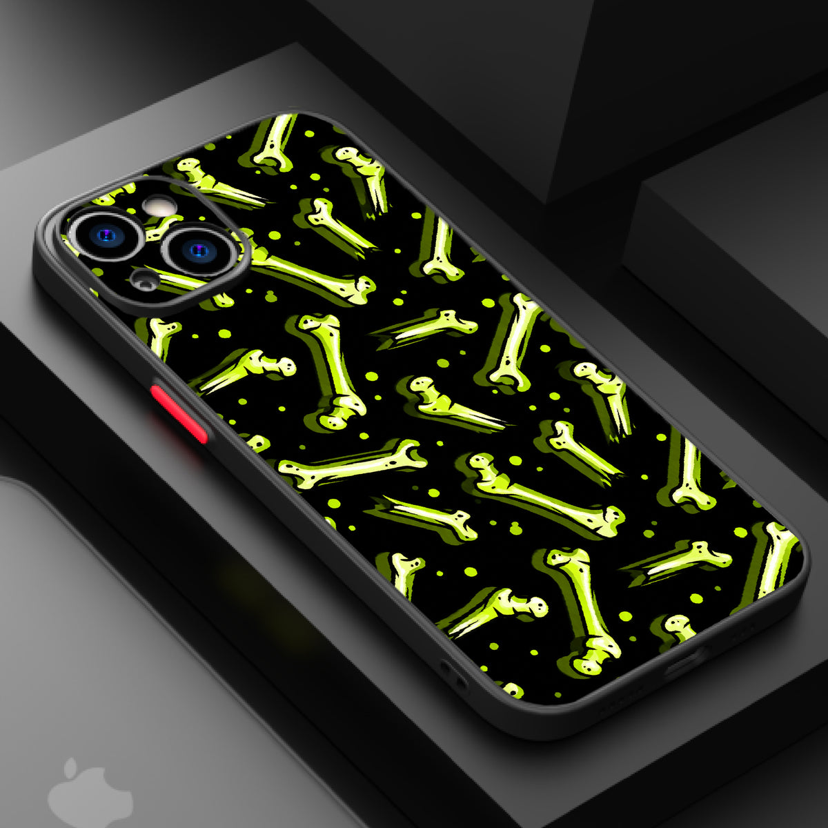 Vibrant green skeleton bones on a black background with small glowing green dots.