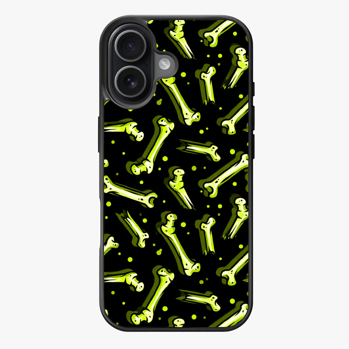 Vibrant green skeleton bones on a black background with small glowing green dots.