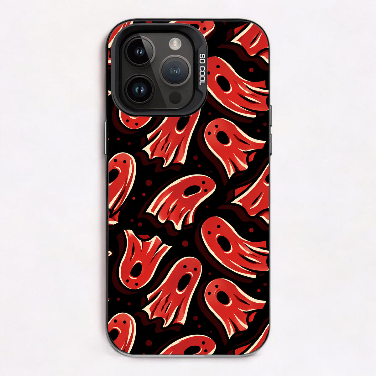 Repeating pattern of red ghost-like figures on a dark background, evoking a spooky and festive mood.