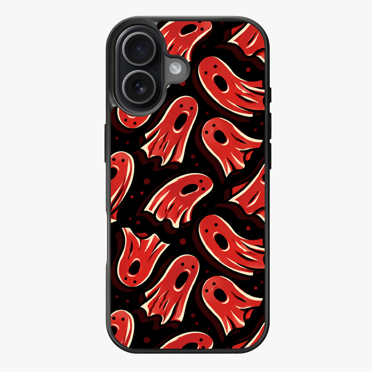 Repeating pattern of red ghost-like figures on a dark background, evoking a spooky and festive mood.
