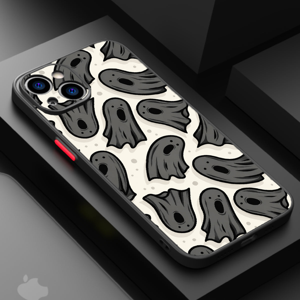 Repeating pattern of gray cartoon ghosts on a bone-white background.