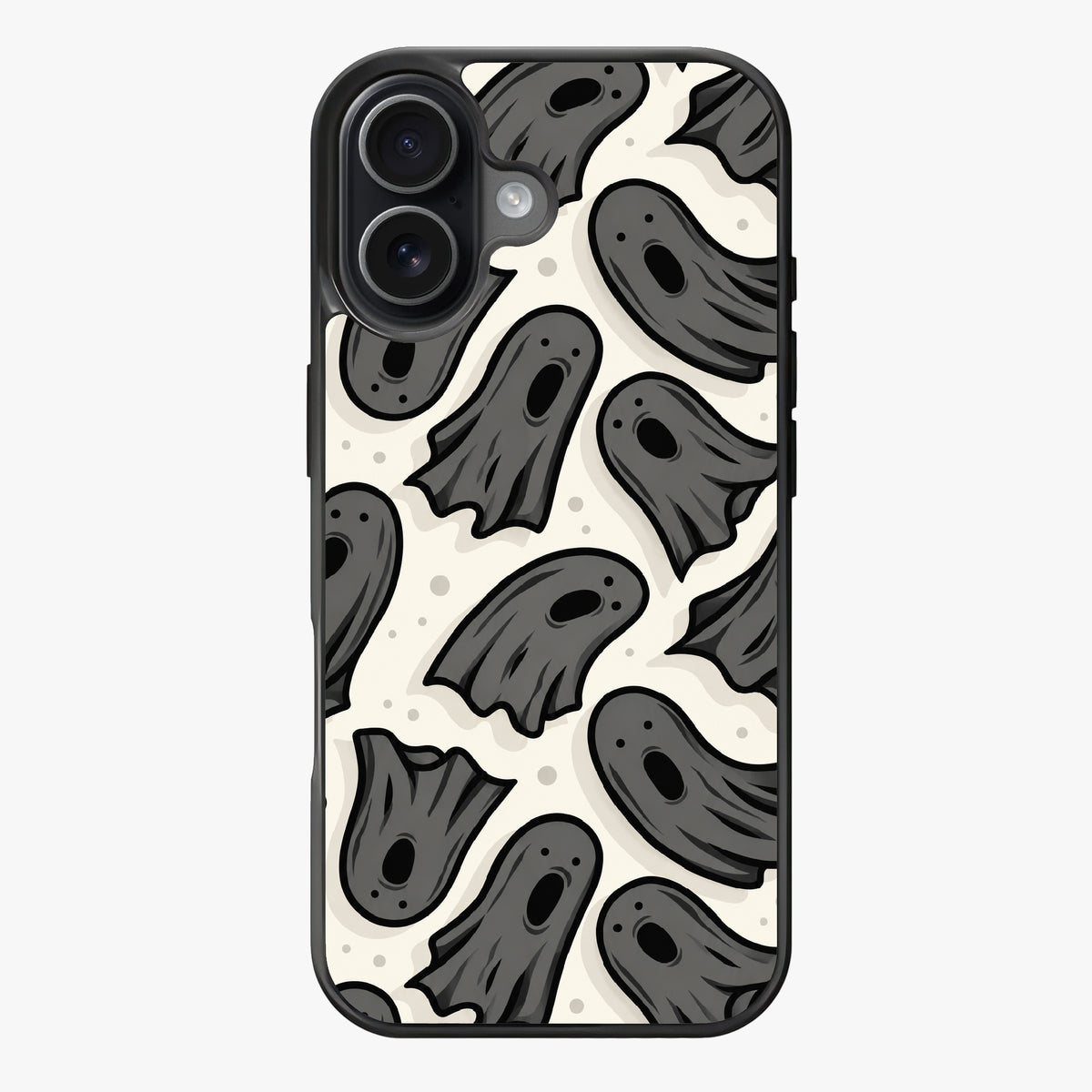 Repeating pattern of gray cartoon ghosts on a bone-white background.