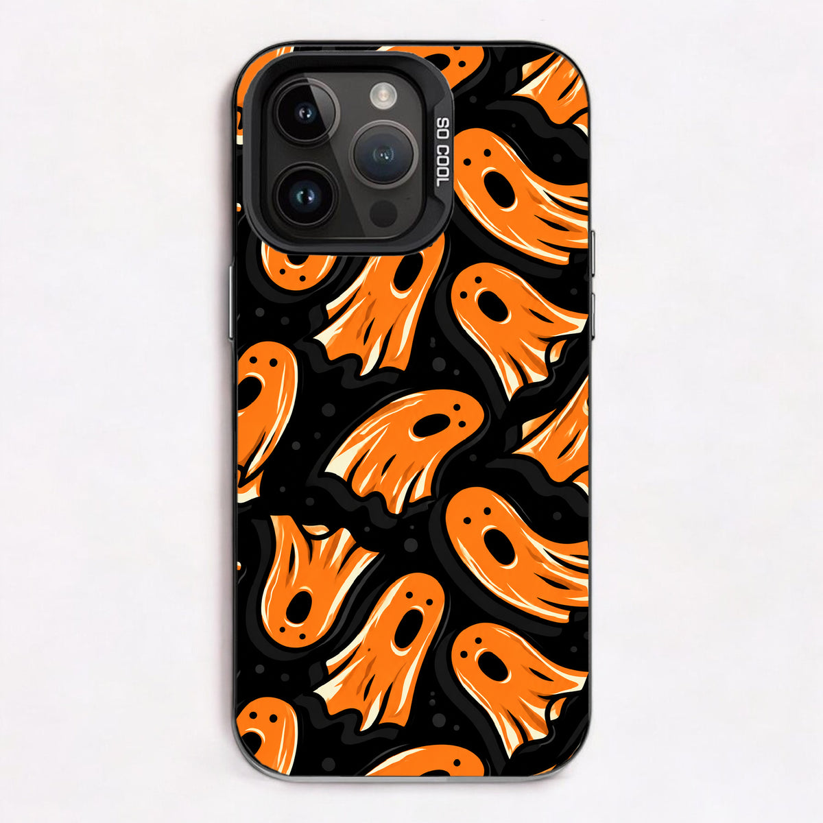 Repeating pattern of orange ghost figures with expressive faces on a black background.
