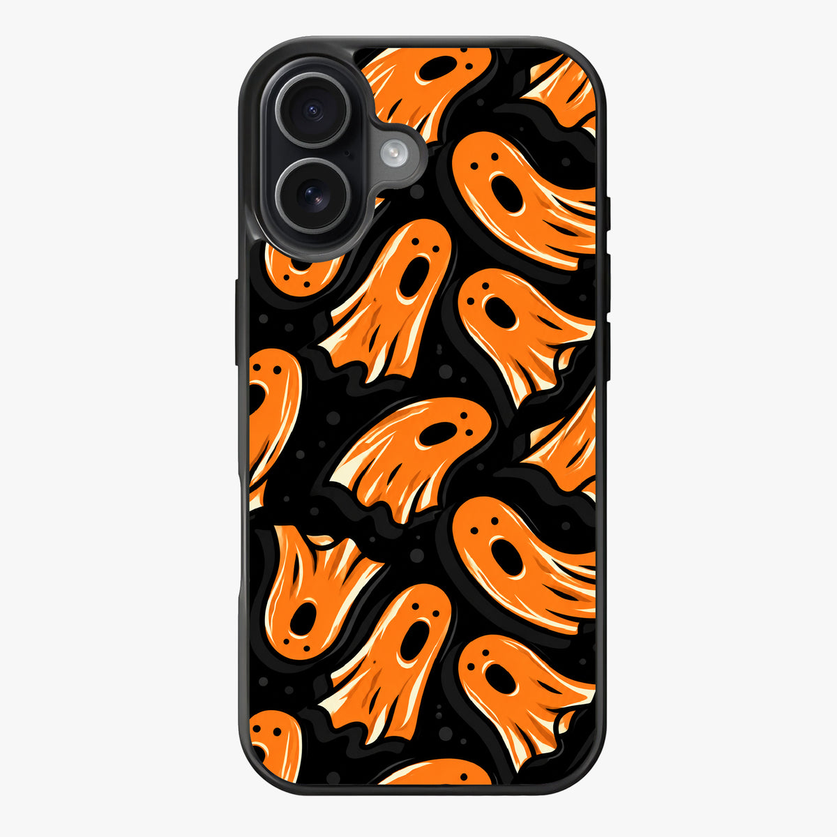 Repeating pattern of orange ghost figures with expressive faces on a black background.