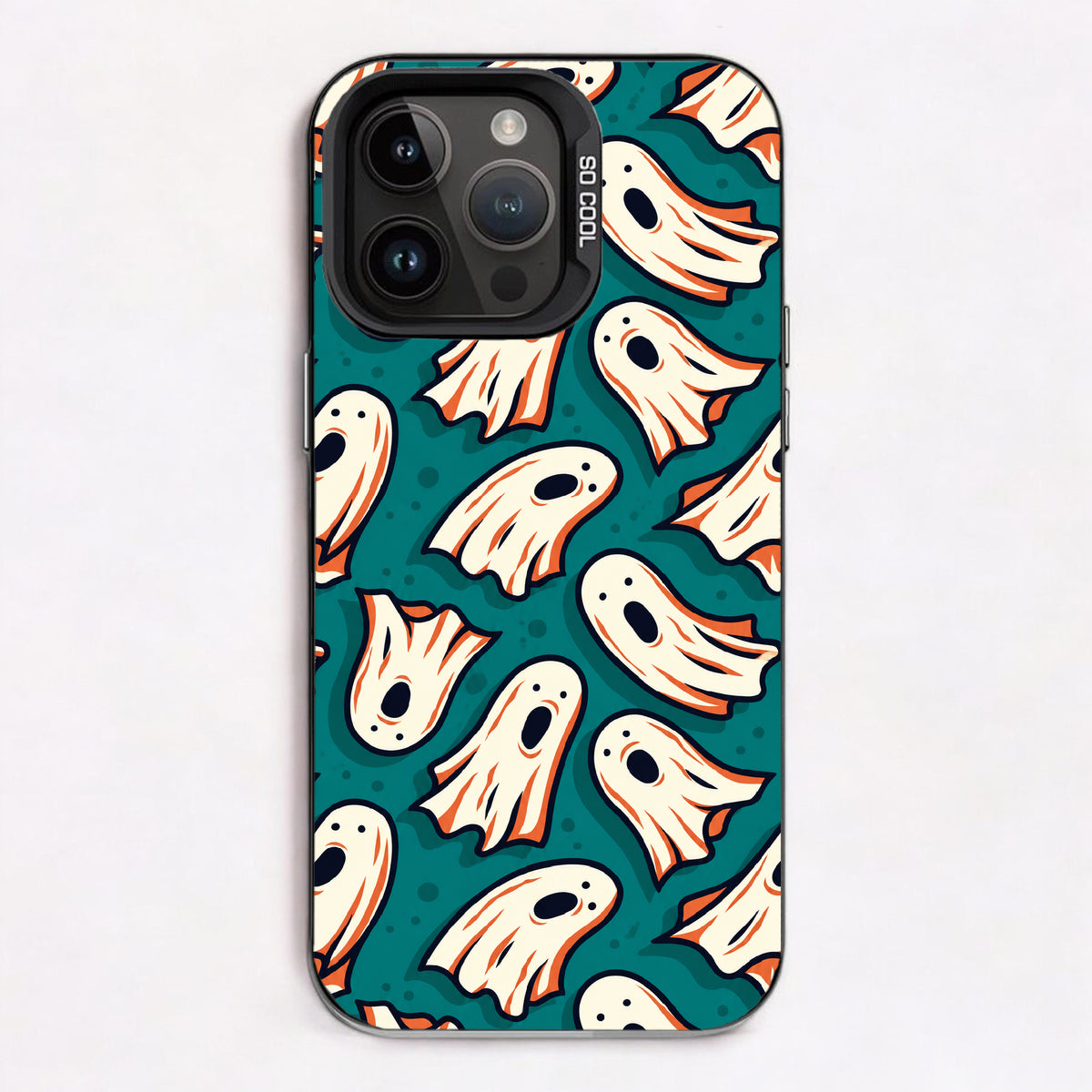 Repeating pattern of ghostly figures with teal and orange accents on a teal background.