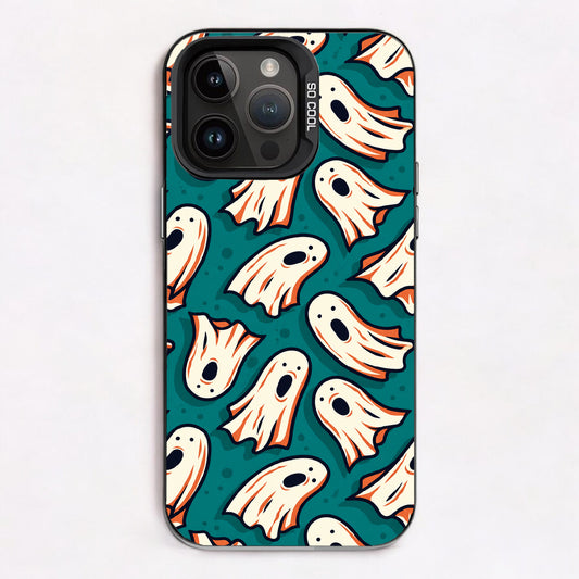 Repeating pattern of ghostly figures with teal and orange accents on a teal background.