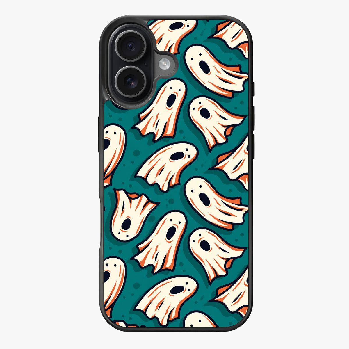 Repeating pattern of ghostly figures with teal and orange accents on a teal background.