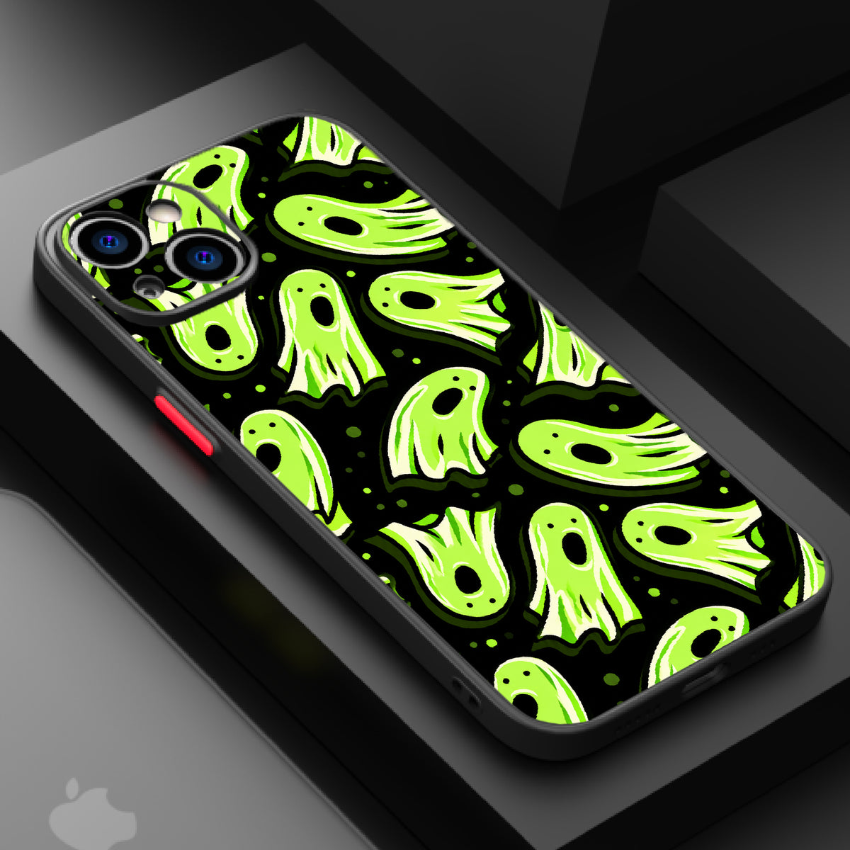 Repeating pattern of ghostly figures in toxic green glow on a dark background.
