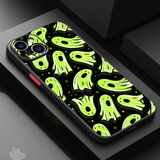 Repeating pattern of ghostly figures in toxic green glow on a dark background.