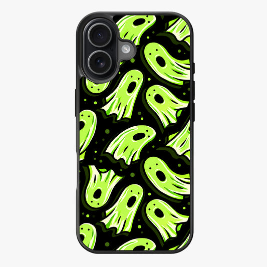 Repeating pattern of ghostly figures in toxic green glow on a dark background.