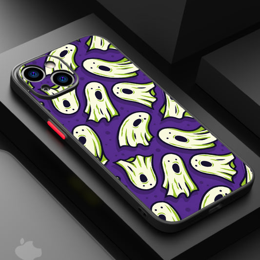 Playful ghost illustrations with expressive faces on a witchy purple background.