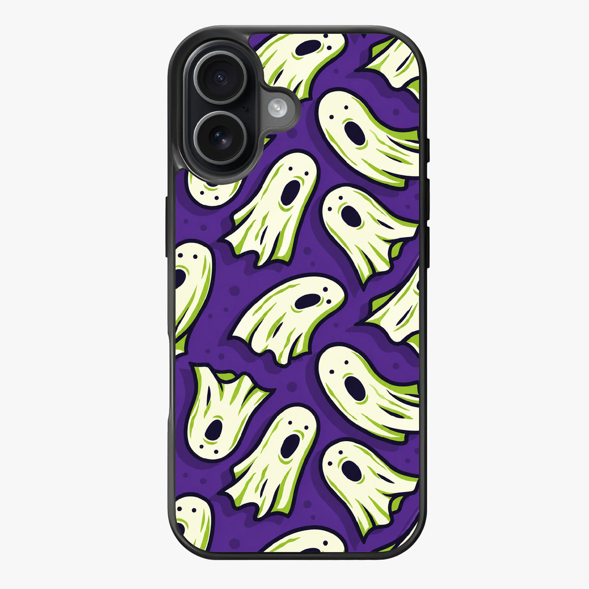 Playful ghost illustrations with expressive faces on a witchy purple background.