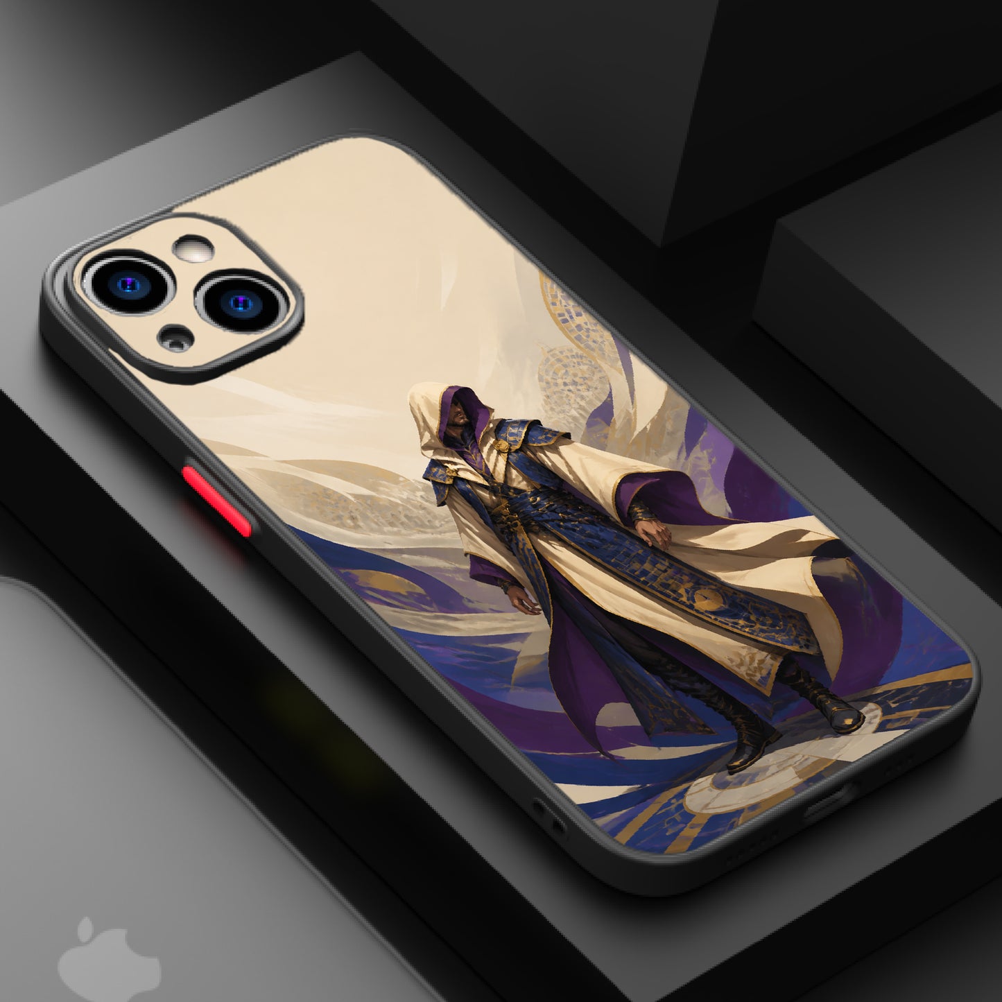 A hooded figure in ornate purple and gold attire stands against an abstract background, evoking a sense of mystery and elegance.